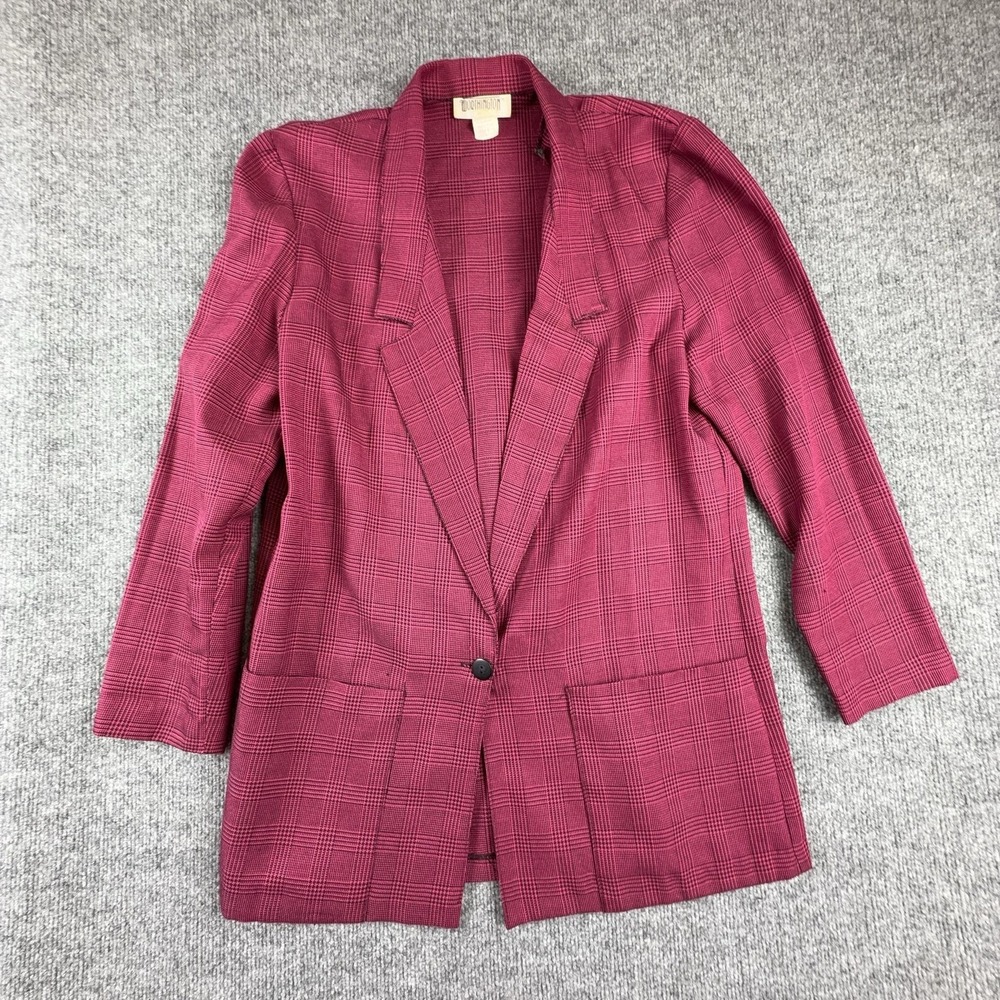 Vintage Worthington Blazer Womens 10 Pink Plaid One Button Long Jacket Made USA